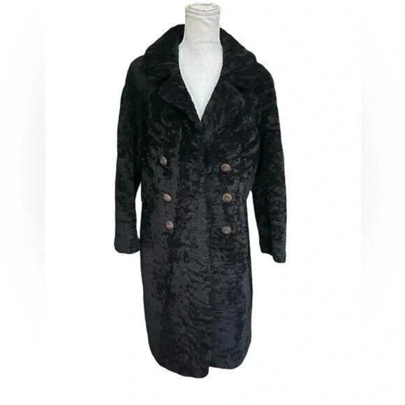 Vintage 1970s Union‑Made Black Fuzzy Peacoat – Double‑Breasted Textured Coat (Si - Picture 4 of 11